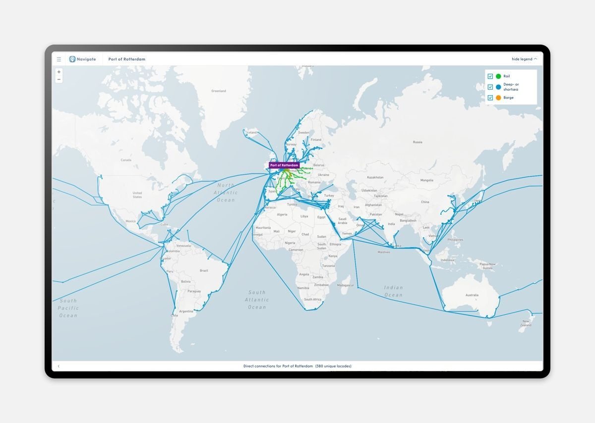 Tablet displaying a world map with various shipping routes.