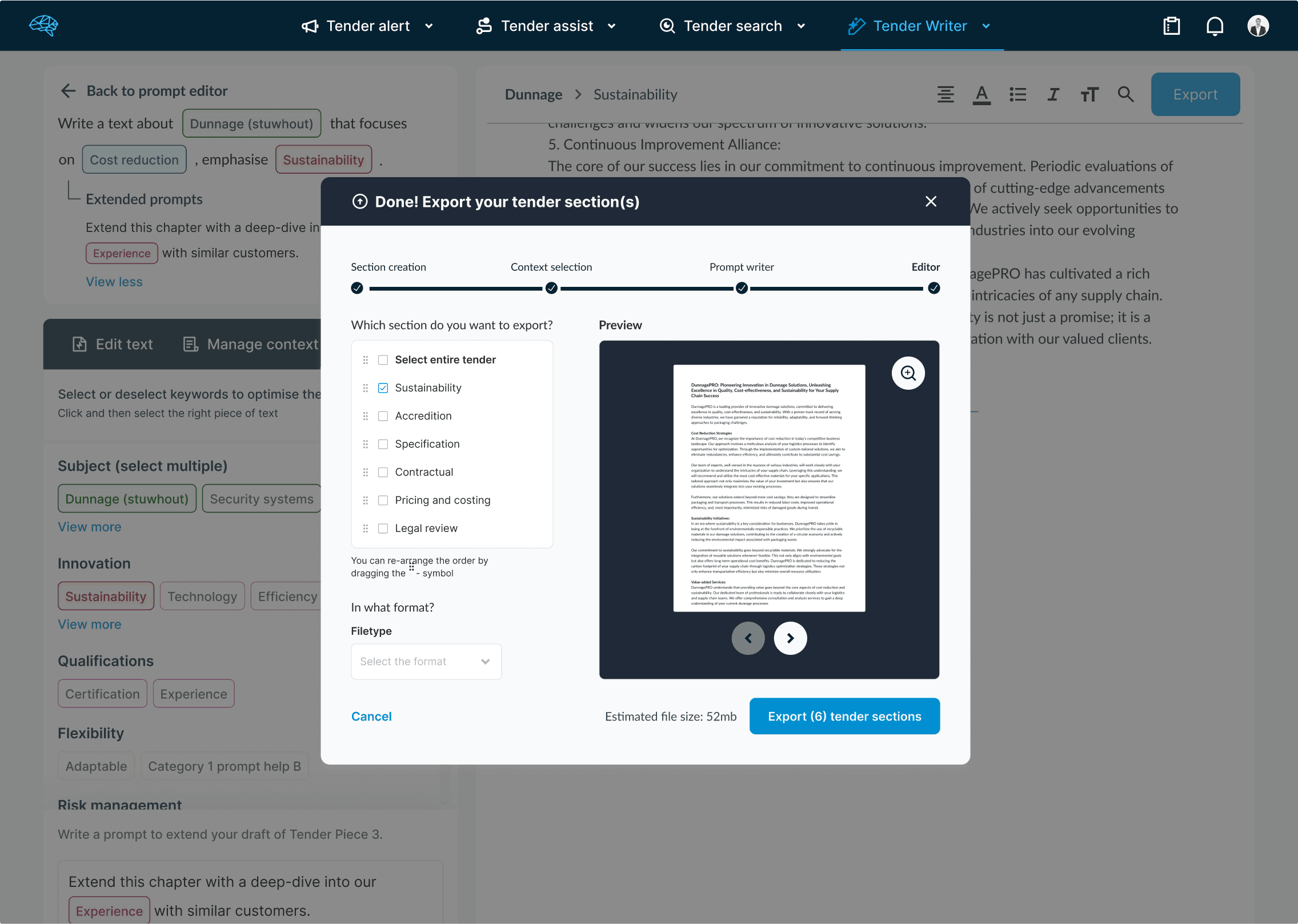 Interface waarin een AI export modal te zien is