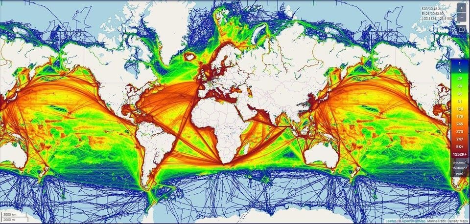 Heatmap van meestbevaren scheepsroutes