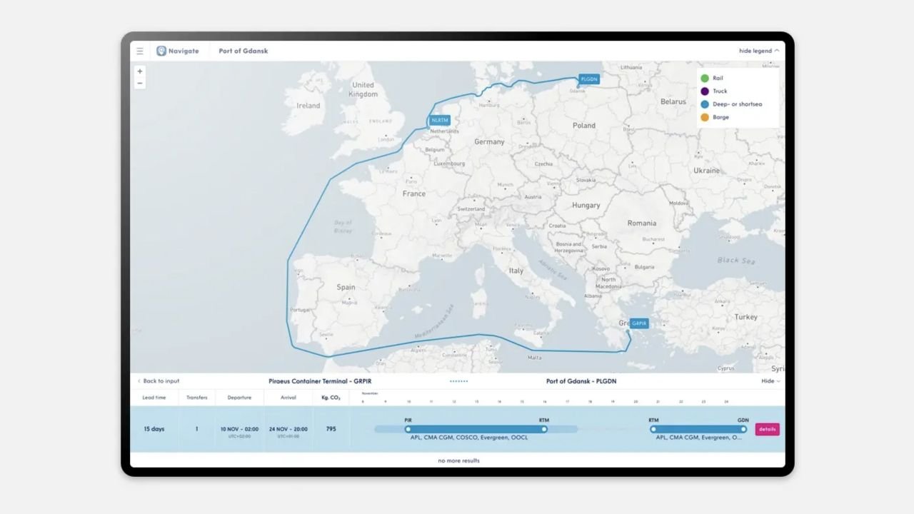 Een scheepsroute met uitgebreide details