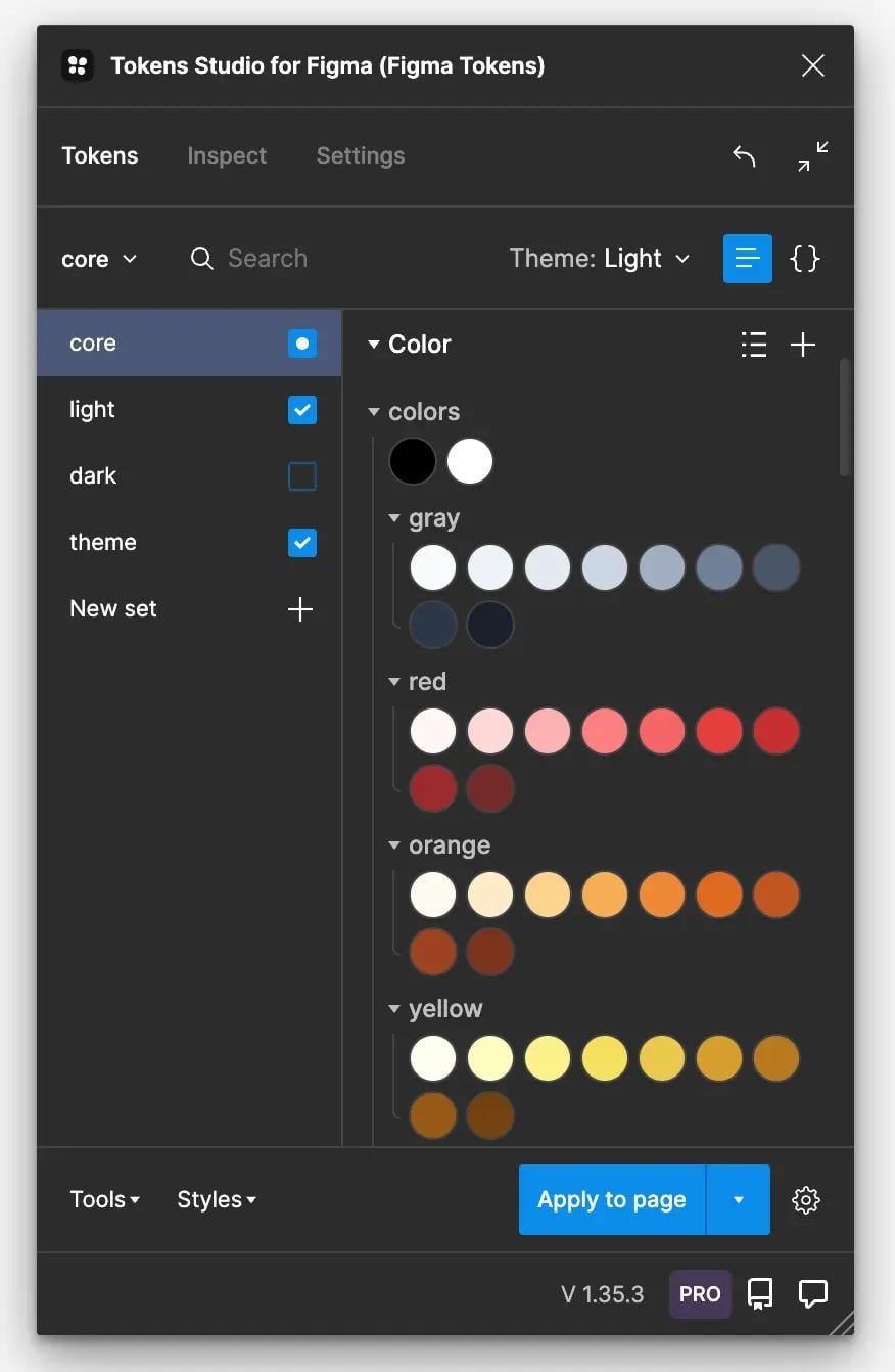 Voorbeeld van hoe de Tokens Studio plug-in met diverse semantic token sets eruit ziet