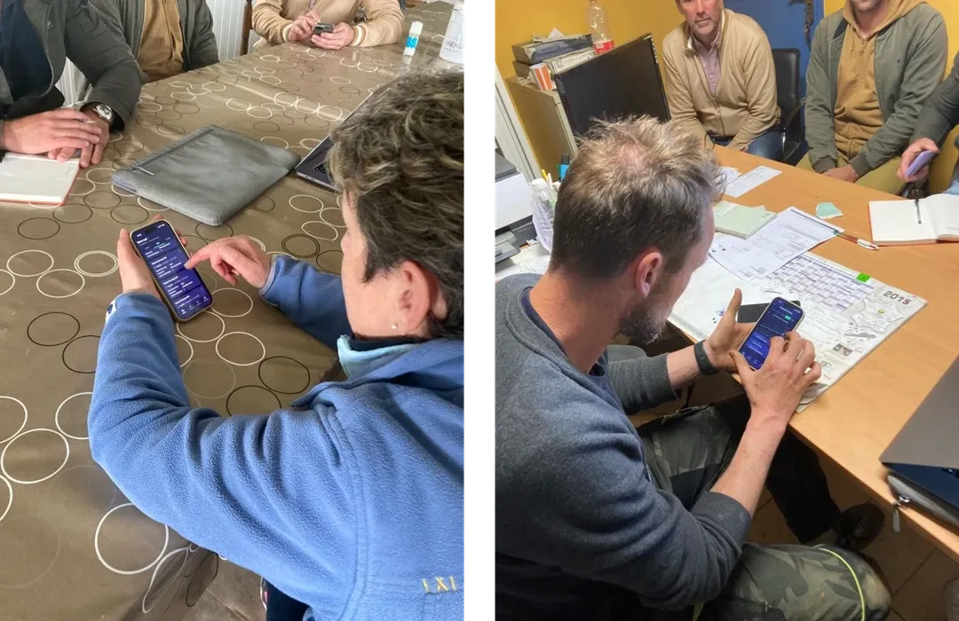 Twee afbeeldingen. Links zie je een vrouw met een telefoon in haar handen met daarop de Ridder applicatie, rechts een man. Ze testen de applicatie door verschillende taken te doorlopen. make this english