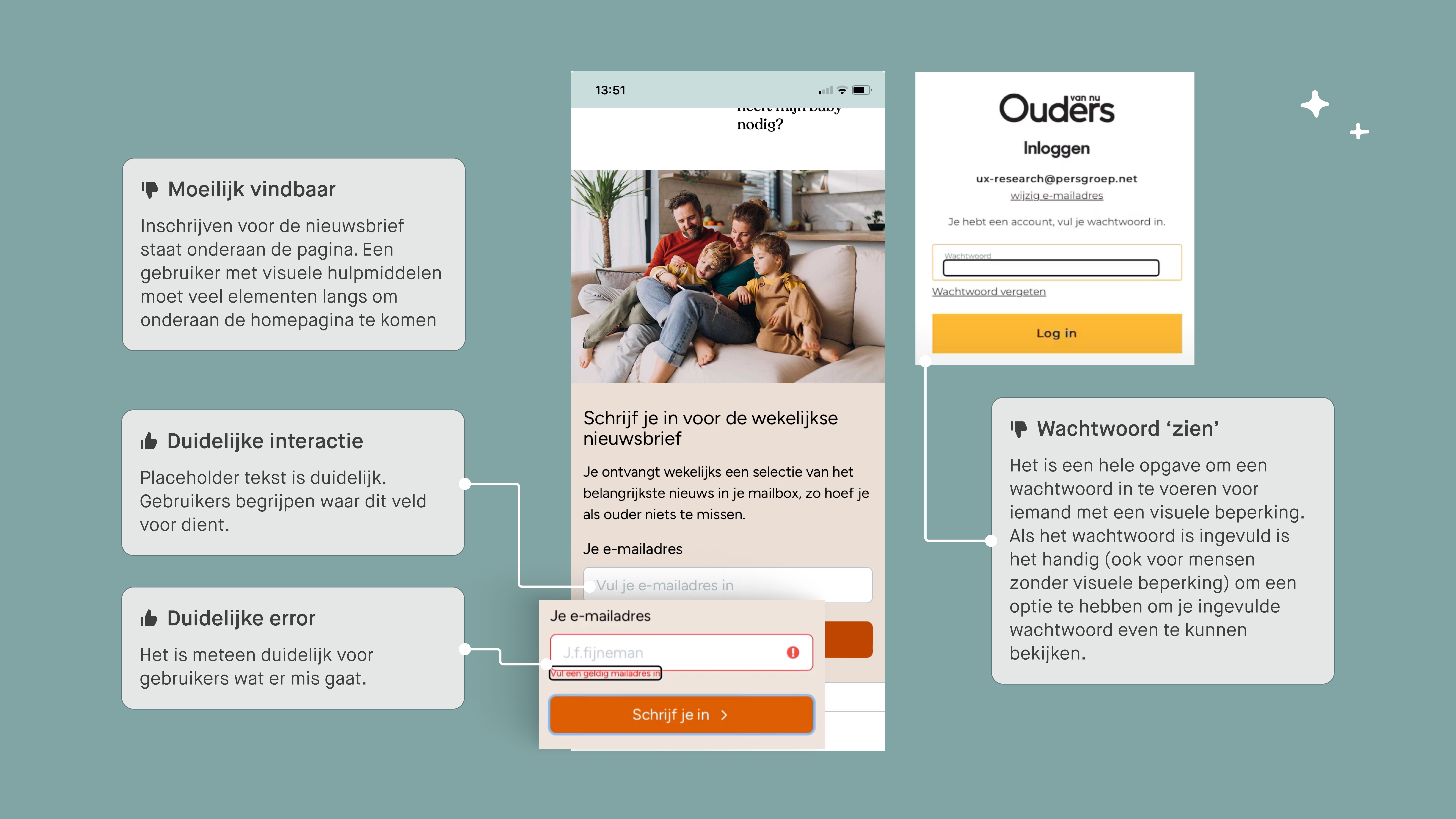 Gebruiksvriendelijkheid invoervelden getest: duidelijke placeholder en foutmelding, maar inschrijving slecht vindbaar en login zonder zichtbare wachtwoordoptie.