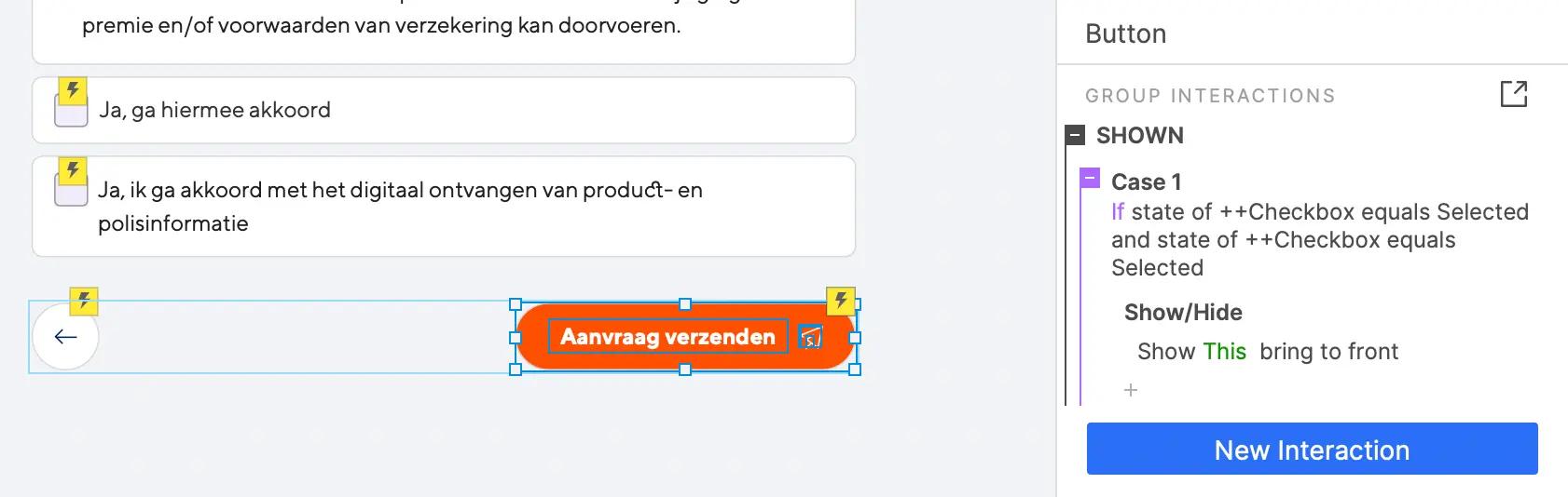 Een voorbeeld van hoe de voorwaardelijke logica wordt toegepast op de CTA (aanvraag verzenden).
