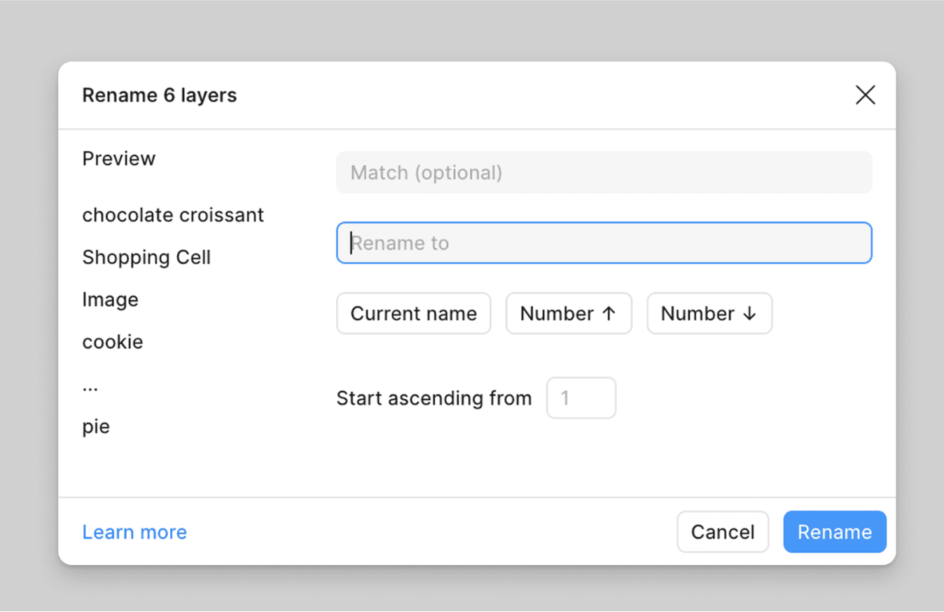 Dialogvenster in figma met de optie om meerdere layers automatisch te hernoemen