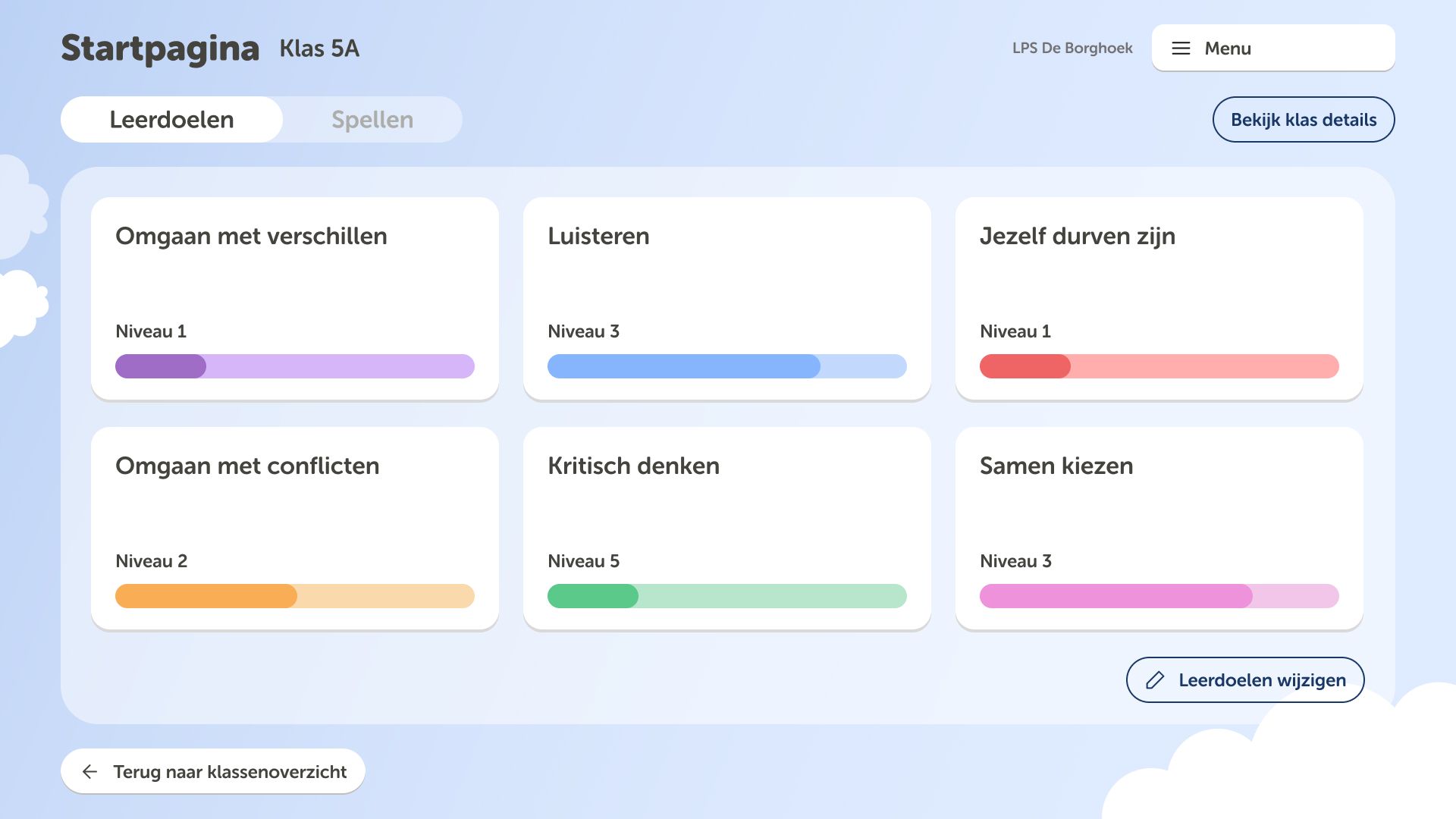 Kleine Grote Denkers webapp met het overzicht van vaardigheden