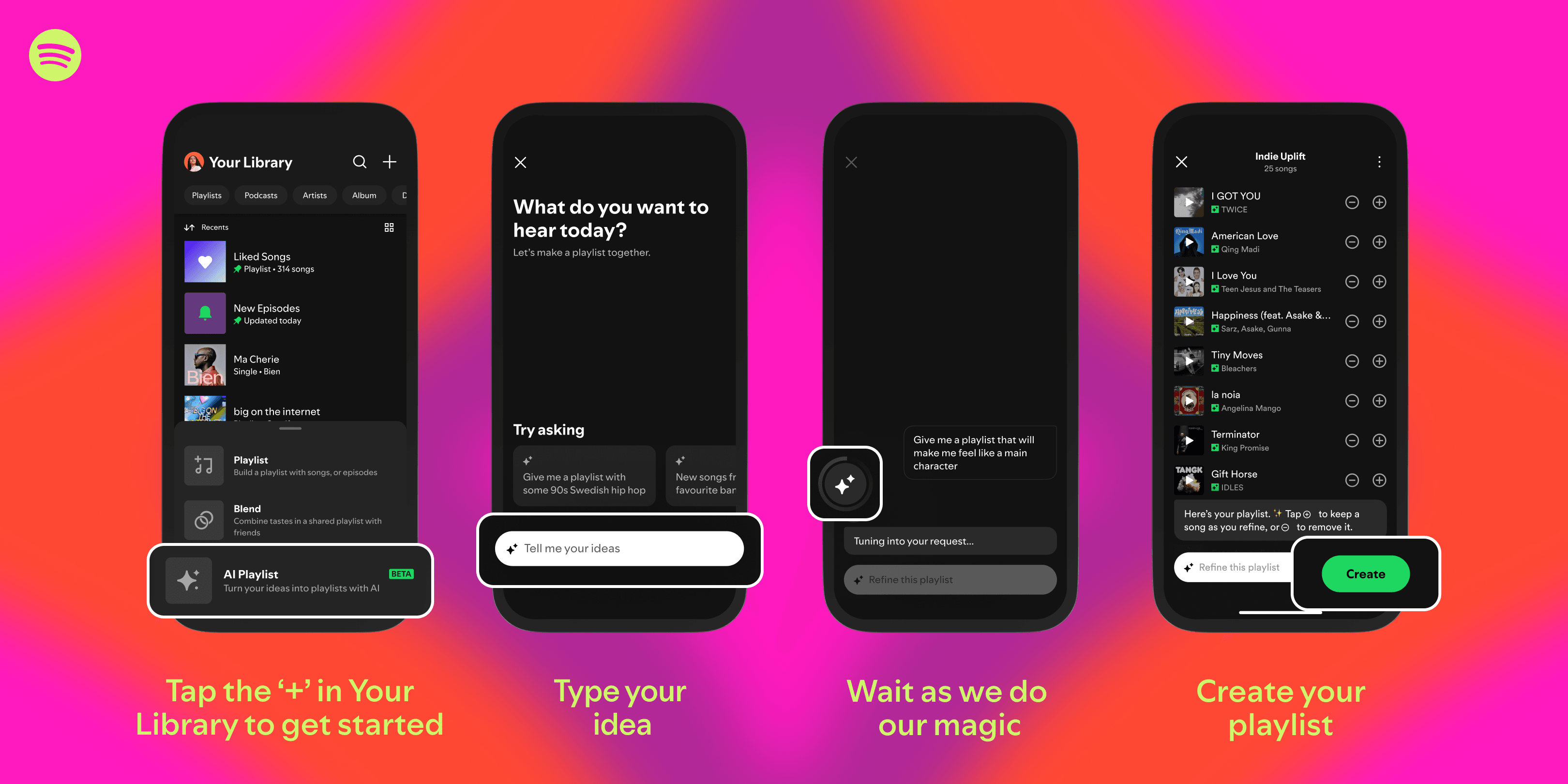 Vier mobiele schermen van Spotify die laten zien hoe een AI-playlist wordt gemaakt via een prompt