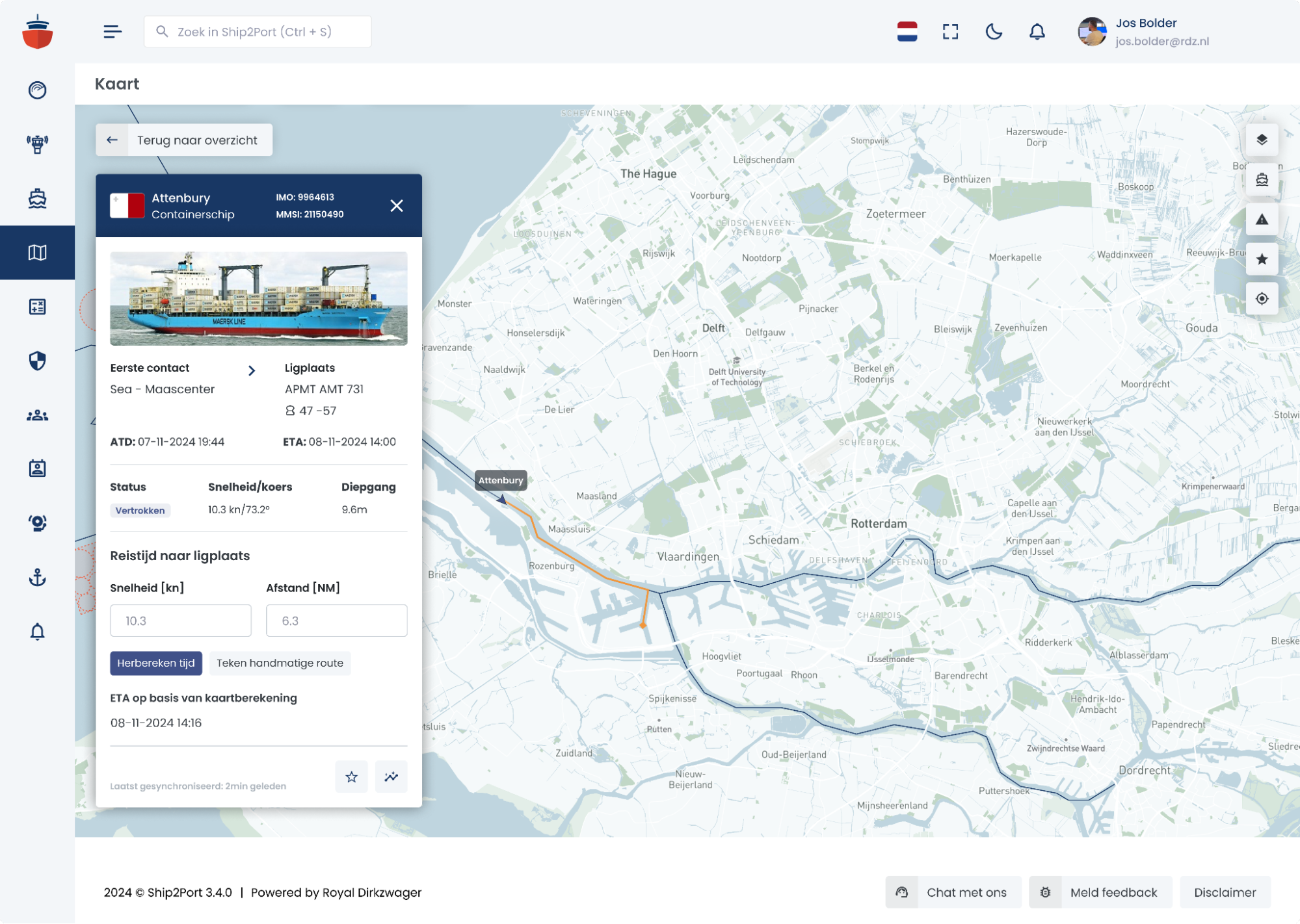 Een kaart met informatie over een specifiek schip, waarbij extra navigatie functies inbegrepen zijn.