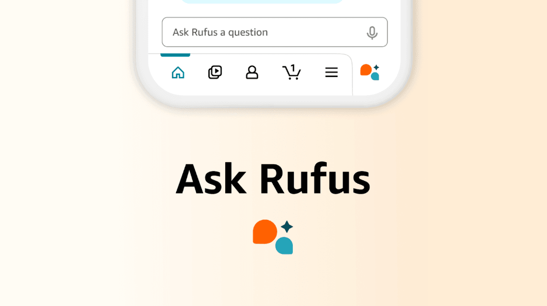 Mobiele interface met zoekbalk ‘Ask Rufus a question’ en icoon van Ask Rufus